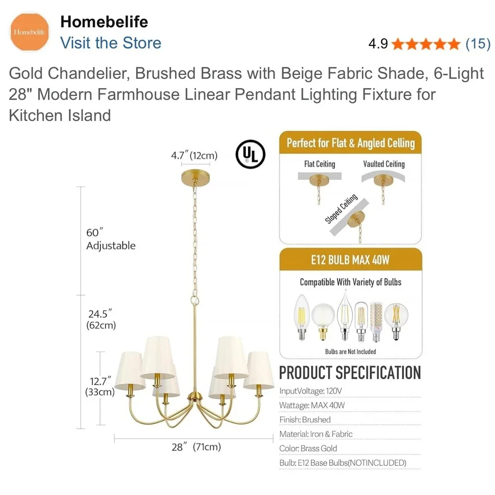 New‎ in Box 6-Light Homebelife Chandelier Brushed Bronze Gold Beige Shade Light